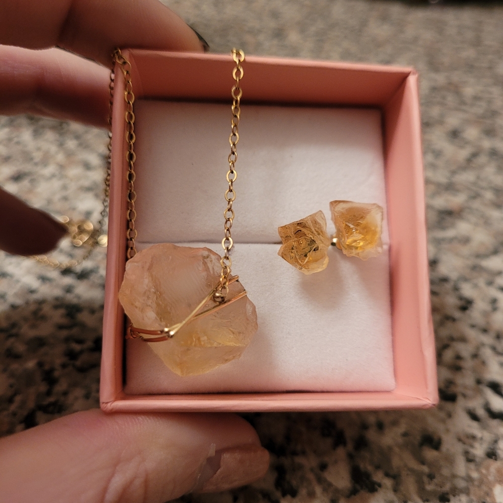 Raw citrine wire wrapped crystal necklace & matching earrings